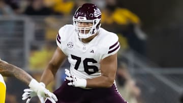 Sep 7, 2024; Tempe, Arizona, USA; Mississippi State Bulldogs offensive lineman Albert Reese IV (76) against the Arizona State Sun Devils at Mountain America Stadium. Mandatory Credit: Mark J. Rebilas-Imagn Images