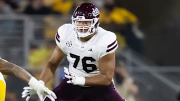 Sep 7, 2024; Tempe, Arizona, USA; Mississippi State Bulldogs offensive lineman Albert Reese IV (76) against the Arizona State Sun Devils at Mountain America Stadium. Mandatory Credit: Mark J. Rebilas-Imagn Images