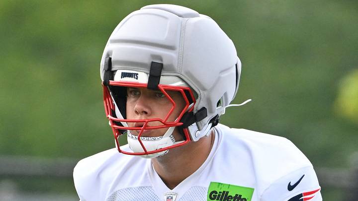 Jul 28, 2026; Foxborough, MA, USA; New England Patriots tackle Caleb Lomu (74) does a drill during training camp at Gillette Stadium. Mandatory Credit: Eric Canha-Imagn Images