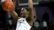 Mar 4, 2025; Fort Worth, Texas, USA; Baylor Bears guard VJ Edgecombe (7) dunks during the second half against the TCU Horned Frogs at Ed and Rae Schollmaier Arena. Mandatory Credit: Kevin Jairaj-Imagn Images