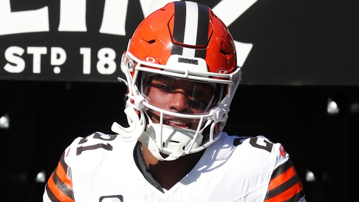 Dec 8, 2024; Pittsburgh, Pennsylvania, USA;  Cleveland Browns cornerback Denzel Ward (21) takes the field to play the Pittsburgh Steelers at Acrisure Stadium. Mandatory Credit: Charles LeClaire-Imagn Images