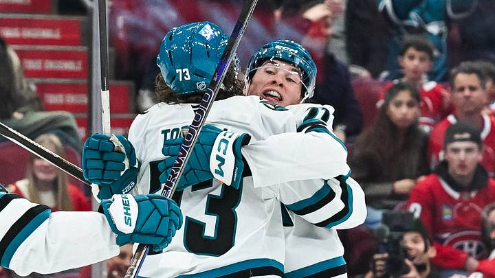 Oct 20, 2026; Montreal, Quebec, CAN;  San Jose Sharks center Tyler Toffoli (73) celebrates with his teammates his goal against the Montreal Canadiens during the third period at Bell Centre.  Mandatory Credit: David Kirouac-Imagn Images