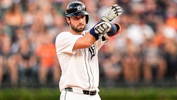Detroit Tigers center fielder Matt Vierling (8) bats a double against the Minnesota Twins during the fifth inning at Comerica Park in Detroit on Tuesday, August 5, 2025.