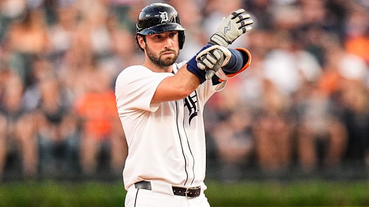Detroit Tigers center fielder Matt Vierling (8) bats a double against the Minnesota Twins during the fifth inning at Comerica Park in Detroit on Tuesday, August 5, 2025.