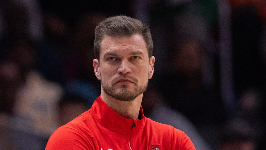 Feb 28, 2026; Charlotte, North Carolina, USA; Portland Trail Blazers acting head coach Tiago Splitter looks on during the first quarter against the Charlotte Hornets at Spectrum Center.