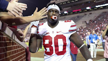 Sep 17, 2016; Norman, OK, USA; Ohio State Buckeyes wide receiver Noah Brown (80) celebrates with fans after the game against the Oklahoma Sooners at Gaylord Family - Oklahoma Memorial Stadium. Mandatory Credit: Kevin Jairaj-Imagn Images