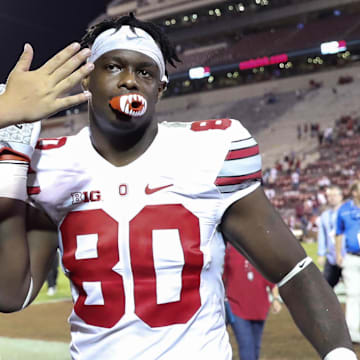 Sep 17, 2016; Norman, OK, USA; Ohio State Buckeyes wide receiver Noah Brown (80) celebrates with fans after the game against the Oklahoma Sooners at Gaylord Family - Oklahoma Memorial Stadium. Mandatory Credit: Kevin Jairaj-Imagn Images
