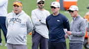 May 13, 2023, Englewood, Colorado, USA: Broncos Head Coach SEAN PAYTON, left, with General Mgr. GEORGE PATON, center, and CEO GREG PENNER look on from the field during Broncos Rookie Training Camp at the Denver Broncos Practice Facility Saturday afternoon. 