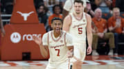 Texas Longhorns guard Simeon Wilcher reacts to a three point basket by forward Camden Heide during the second half at Moody Center.