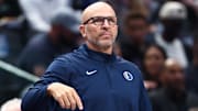 Oct 24, 2025; Dallas, Texas, USA;  Dallas Mavericks head coach Jason Kidd reacts during the first quarter against the Washington Wizards at American Airlines Center. Mandatory Credit: Kevin Jairaj-Imagn Images