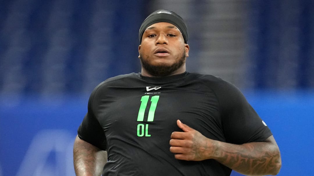 Mar 1, 2026; Indianapolis, IN, USA;  Texas offensive lineman DJ Campbell (OL11) during the NFL Scouting Combine at Lucas Oil Stadium.  