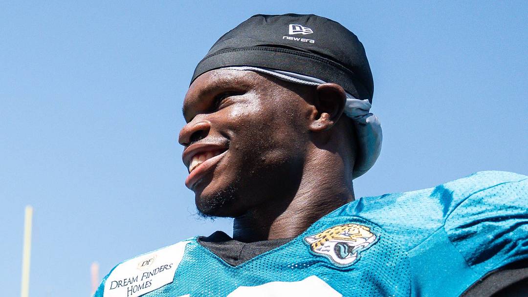 Actor Asher Grodman, left, talks with Jacksonville Jaguars wide receiver Travis Hunter (12) after a joint practice with the Carolina Panthers on the 16th session of NFL training camp at the Miller Electric Center on Wednesday, Aug. 19, 2026, in Jacksonville, Fla. [Doug Engle/Florida Times-Union]