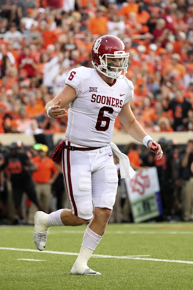 Nov 4, 2017; Stillwater, OK, USA; Oklahoma Sooners quarterback Baker Mayfield (6) reacts during the game against the Oklahoma