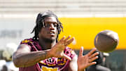 Arizona State tight end Chamon Metayer during the final football practice before leaving for Camp Tontozona at Sun Devil Stadium in Tempe, Ariz., on Aug 5, 2025.