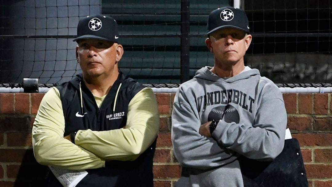 Vanderbilt assistant coach Jayson King, left, and head coach Tim Corbin watch players during the sixth inning of an NCAA college baseball fall intrasquad game at Hawkins Field Tuesday, Oct. 22, 2024, in Nashville, Tenn.