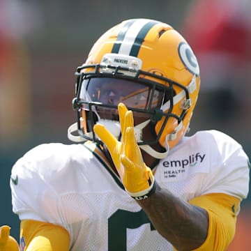 Green Bay Packers wide receiver Mecole Hardman catches a pass during training camp.