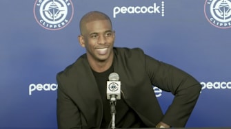Los Angeles Clippers guard Chris Paul speaks to reporters at his introductory press conference.
