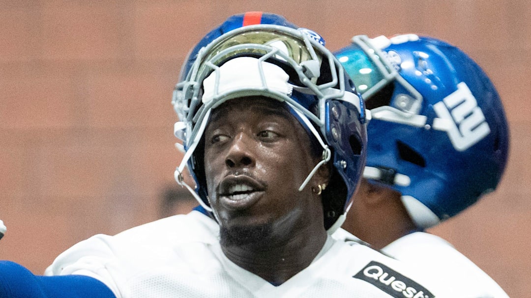 New York Giants defensive tackle Rakeem Nunez-Roches (93) gestures while doing drills during Mandatory Minicamp at Quest Diagnostics Giants Training Center in East Rutherford on Tuesday, June 17, 2025.
