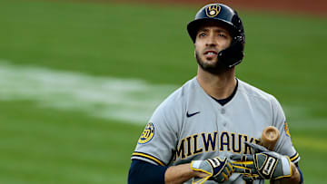 Milwaukee Brewers left fielder Ryan Braun (8) walks back to the dugout after striking out in the first inning of the MLB National League game between the Cincinnati Reds and the Milwaukee Brewers at Great American Ball Park in downtown Cincinnati on Tuesday, Sept. 22, 2020. The Reds gave up an early lead to lose 3-2.

Milwaukee Brewers At Cincinnati Reds