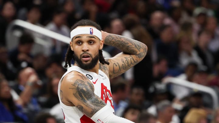 Dec 11, 2022; Orlando, Florida, USA;  Toronto Raptors guard Fred VanVleet (23) and guard Gary Trent Jr. (33) react after a play against the Orlando Magic in the third quarter at Amway Center. Mandatory Credit: Nathan Ray Seebeck-USA TODAY Sports