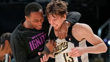 Team Detlef forward Matas Buzelis (13) of the G League Ignite celebrates with a teammate after
