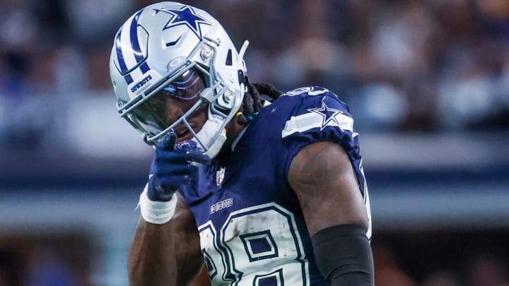 Oct 29, 2023; Arlington, Texas, USA;  Dallas Cowboys wide receiver CeeDee Lamb (88) reacts after making a catch during the second half against the Los Angeles Rams at AT&T Stadium. 