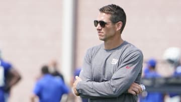 Jul 27, 2023; East Rutherford, NJ, USA;  New York Giants general manager Joe Schoen looks on during day two of training camp at the Quest Diagnostics Training Facility. Mandatory Credit: Danielle Parhizkaran-USA TODAY Sports