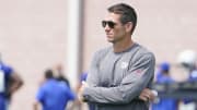 Jul 27, 2023; East Rutherford, NJ, USA;  New York Giants general manager Joe Schoen looks on during day two of training camp at the Quest Diagnostics Training Facility. Mandatory Credit: Danielle Parhizkaran-USA TODAY Sports