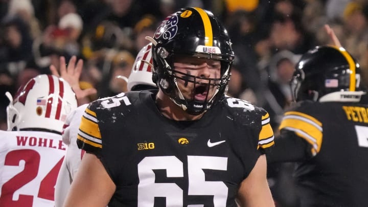 Iowa offensive lineman Logan Jones reacts after the Hawkeyes drove the ball to the goal line in the fourth quarter against Wisconsin during a NCAA college football game in Iowa City on Saturday, Nov. 12, 2022.

Iowavswisconsin 20221112 Bh