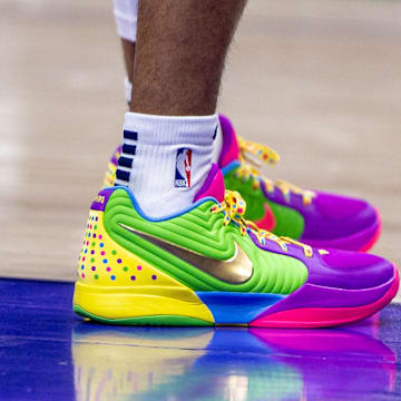 Mar 9, 2025; New Orleans, Louisiana, USA;  Detailed view of the shoes worn by Memphis Grizzlies guard Ja Morant (12) against the New Orleans Pelicans during the first half at Smoothie King Center.
