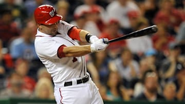 September 4, 2012; Washington, D.C., USA; Washington Nationals pinch hitter Mark DeRosa (7) at bat in the eighth inning against the Chicago Cubs at Nationals Park. 