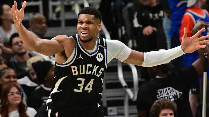 Milwaukee Bucks forward Giannis Antetokounmpo (34) reacts (Mandatory Credit: Benny Sieu-Imagn Images)