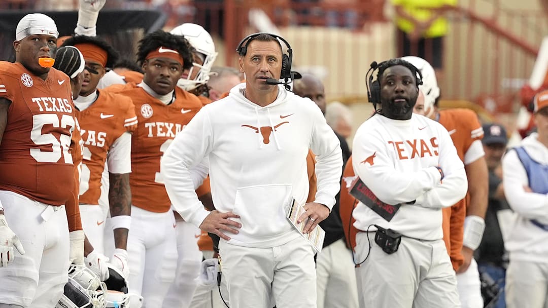 Nov 1, 2025; Austin, Texas, USA; Texas Longhorns head coach Steve Sarkisian observes the second half against the Vanderbilt Commodores at Darrell K Royal-Texas Memorial Stadium. Mandatory Credit: Scott Wachter-Imagn Images