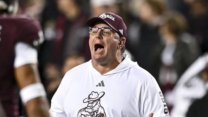 Nov 30, 2024; College Station, Texas, USA; Texas A&M Aggies head coach Mike Elko reacts during the second half against the Texas Longhorns. The Longhorns defeated the Aggies 17-7. at Kyle Field. Mandatory Credit: Maria Lysaker-Imagn Images 