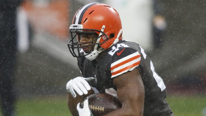 Nov 22, 2020; Cleveland, Ohio, USA; Cleveland Browns running back Nick Chubb (24) runs with the ball during the first quarter against the Philadelphia Eagles at FirstEnergy Stadium. Mandatory Credit: Scott Galvin-Imagn Images