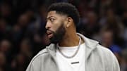 Nov 8, 2025; Washington, District of Columbia, USA; Injured Dallas Mavericks forward Anthony Davis looks on from the bench during a timeout against the Washington Wizards in the second half at Capital One Arena. Mandatory Credit: Geoff Burke-Imagn Images