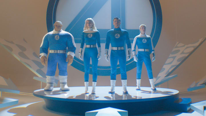 (L-R): Ebon Moss-Bachrach as Ben Grimm/The Thing, Vanessa Kirby as Sue Storm/Invisible Woman, Pedro Pascal as Reed Richards/Mister Fantastic and Joseph Quinn as Johnny Storm/Human Torch in 20th Century Studios/Marvel Studios' FANTASTIC FOUR: FIRST STEPS. Photo courtesy of 20th Century Studios/Marvel Studios. © 2025 20th Century Studios / © and ™ 2025 MARVEL.