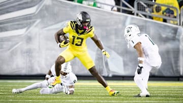 Oregon Ducks wide receiver Jurrion Dickey carries the ball as the Ducks host the Spartans Friday, Oct. 4, 2024 at Autzen Stadium in Eugene, Ore.