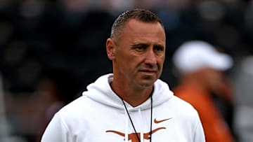 Oct 25, 2025; Starkville, Mississippi, USA; Texas Longhorns head coach Steve Sarkisian looks on during warm ups prior to the game against the Mississippi State Bulldogs at Davis Wade Stadium at Scott Field. Mandatory Credit: Petre Thomas-Imagn Images