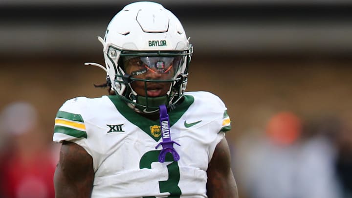 Oct 19, 2024; Lubbock, Texas, USA;  Baylor Bears defensive safety Devyn Bobby (3) waits to rush against the Texas Tech Red Raiders in the second half at Jones AT&T Stadium and Cody Campbell Field. Mandatory Credit: Michael C. Johnson-Imagn Images