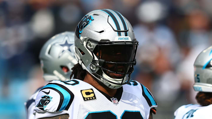 Sep 9, 2018; Charlotte, NC, USA; Carolina Panthers defensive end Julius Peppers (90) stands on the field in the first quarter against the Dallas Cowboys at Bank of America Stadium. Mandatory Credit: Jeremy Brevard-Imagn Images Sep 9, 2018; Charlotte, NC, USA; Carolina Panthers defensive end Julius Peppers (90) stands on the field in the first quarter against the Dallas Cowboys at Bank of America Stadium. Mandatory Credit: Jeremy Brevard-Imagn Images