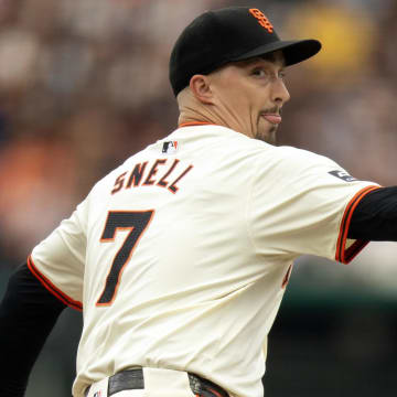 Jul 27, 2024; San Francisco, California, USA; San Francisco Giants starting pitcher Blake Snell (7) delivers a pitch against the Colorado Rockies during the first inning at Oracle Park