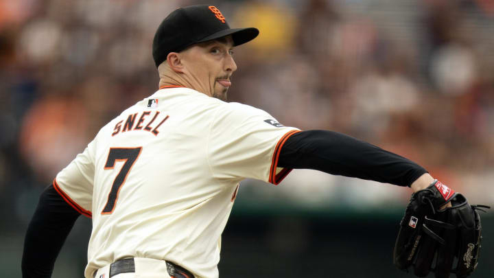 Jul 27, 2024; San Francisco, California, USA; San Francisco Giants starting pitcher Blake Snell (7) delivers a pitch against the Colorado Rockies during the first inning at Oracle Park