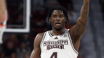 Jan 27, 2024; Starkville, Mississippi, USA; Mississippi State Bulldogs forward Cameron Matthews (4) reacts during the second half against the Auburn Tigers at Humphrey Coliseum. Mandatory Credit: Petre Thomas-Imagn Images