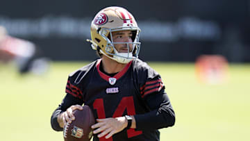 Jun 11, 2025; Santa Clara, CA, USA; San Francisco 49ers quarterback Tanner Mordecai (14) practices his footwork during a team OTA at Levi's Stadium. Mandatory Credit: D. Ross Cameron-Imagn Images
