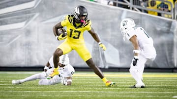 Oregon Ducks wide receiver Jurrion Dickey carries the ball as the Ducks host the Spartans Friday, Oct. 4, 2024 at Autzen Stadium in Eugene, Ore.