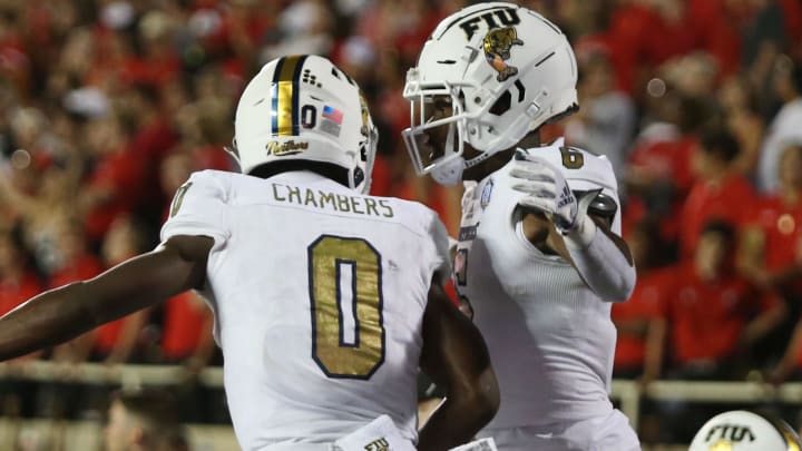 Sep 18, 2021; Lubbock, Texas, USA; Florida International Panthers wide receiver Nate Jefferson (8) and Tyrese Chambers (0).