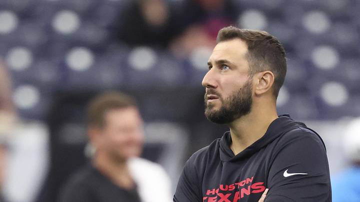 Aug 16, 2025; Houston, Texas, USA; Houston Texans offensive coordinator Nick Caley stands on the field before the game against the Carolina Panthers at NRG Stadium. Mandatory Credit: Troy Taormina-Imagn Images