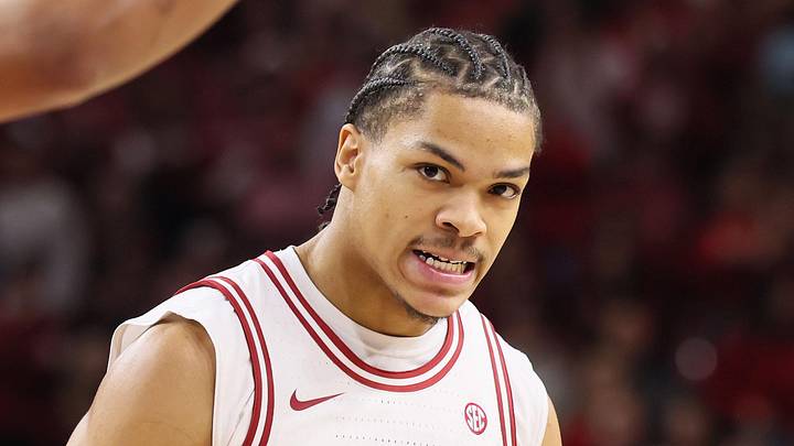  Arkansas Razorbacks guard Darius Acuff Jr (5) reacts after scoring in the first half against the Tennessee Volunteers at Bud Walton Arena on Jan 3, 2026.