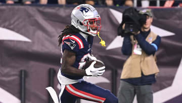 August 8, 2024; Foxborough, MA, USA;  New England Patriots wide receiver JaQuae Jackson (82) scores a touchdown against the Carolina Panthers during the second half at Gillette Stadium. Mandatory Credit: Eric Canha-USA TODAY Sports